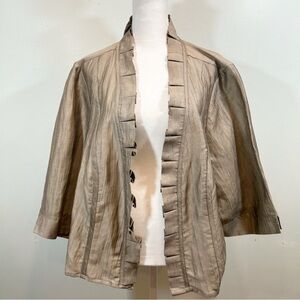 Maggie Barnes Textured Tan Linen Pleated Open Front Blazer Size 1X 3/4 Sleeves